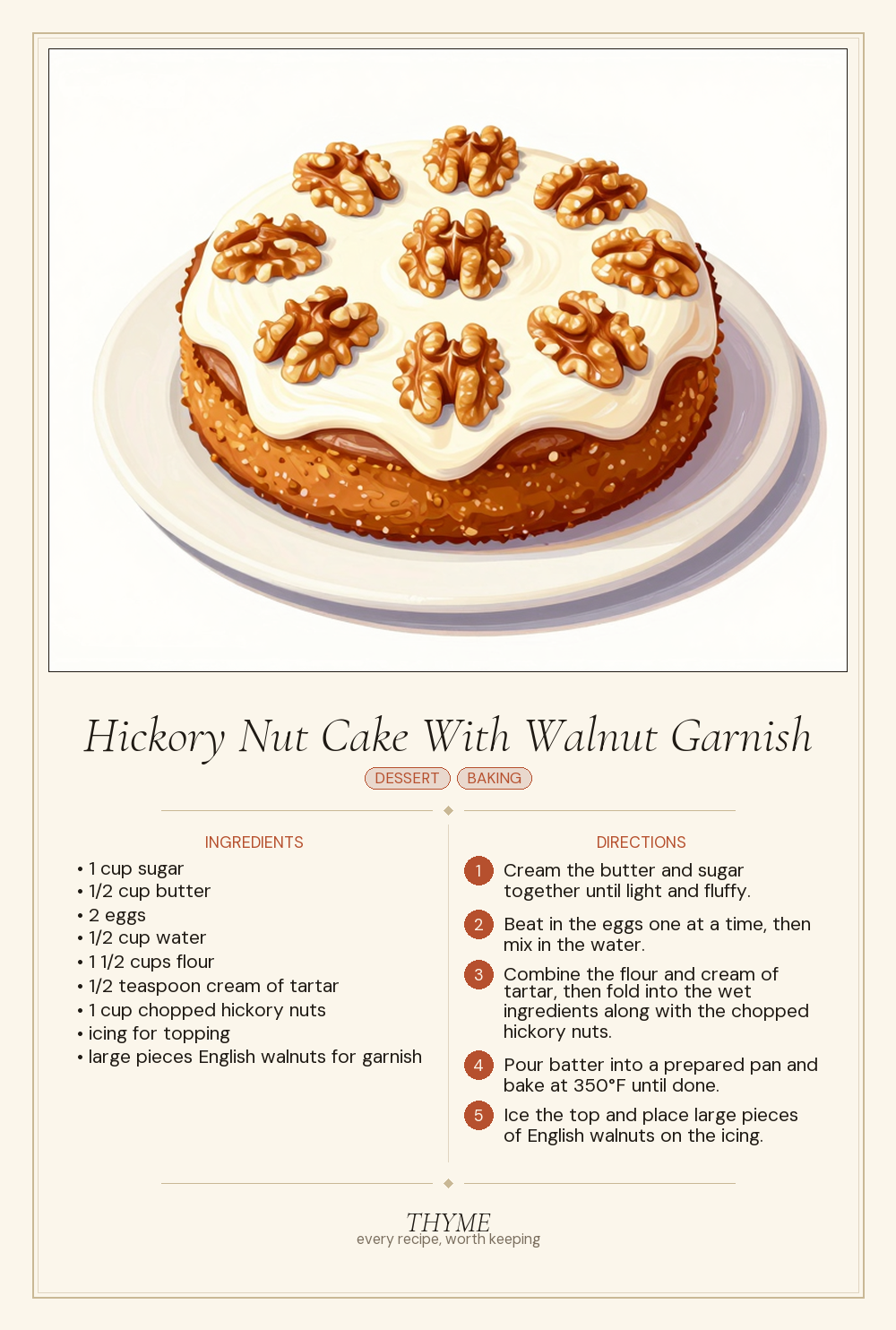 Hickory Nut Cake With Walnut Garnish