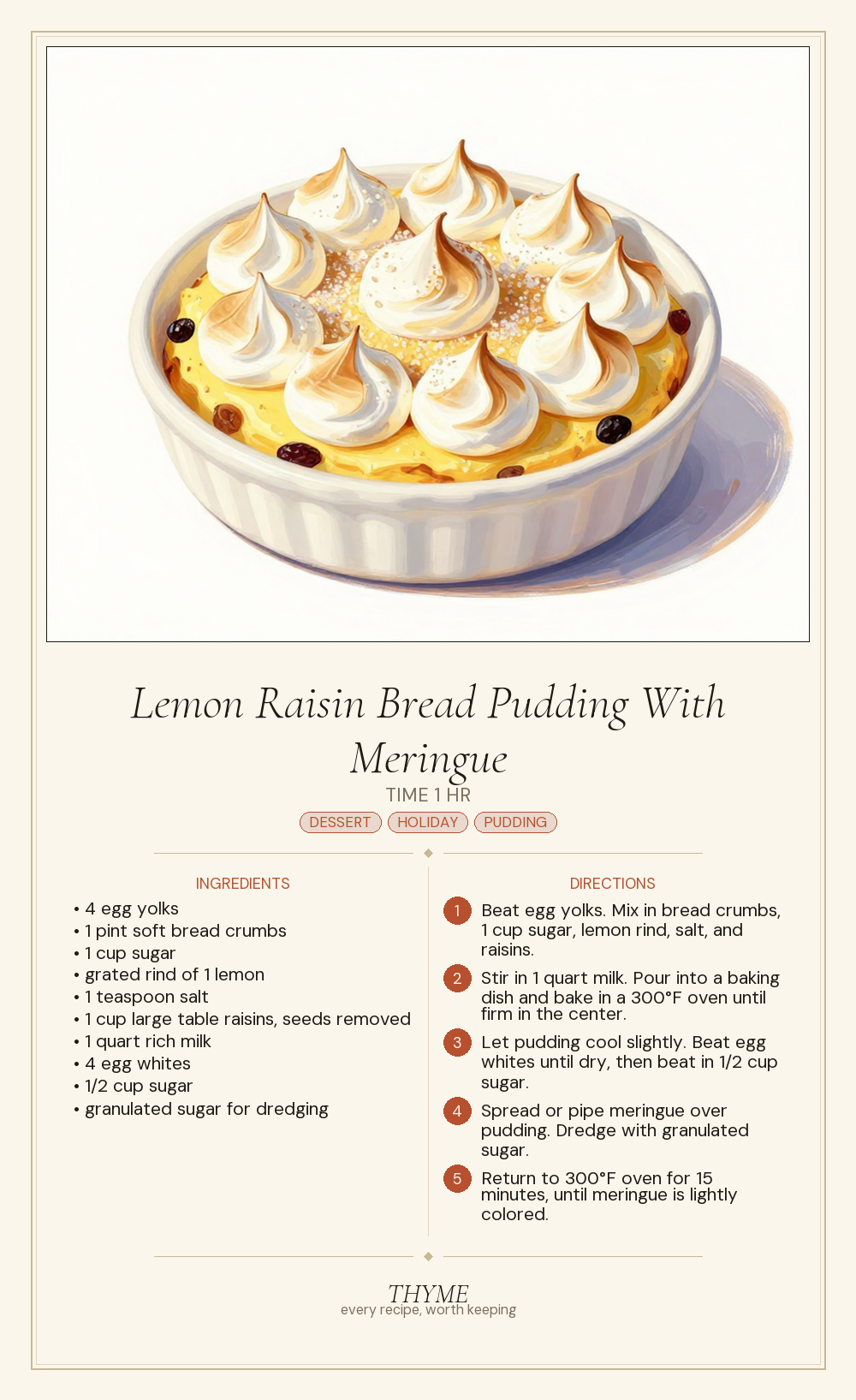 Lemon Raisin Bread Pudding With Meringue