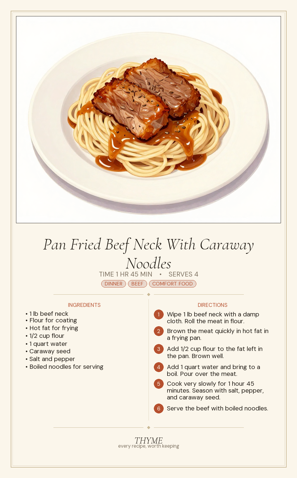 Pan Fried Beef Neck With Caraway Noodles