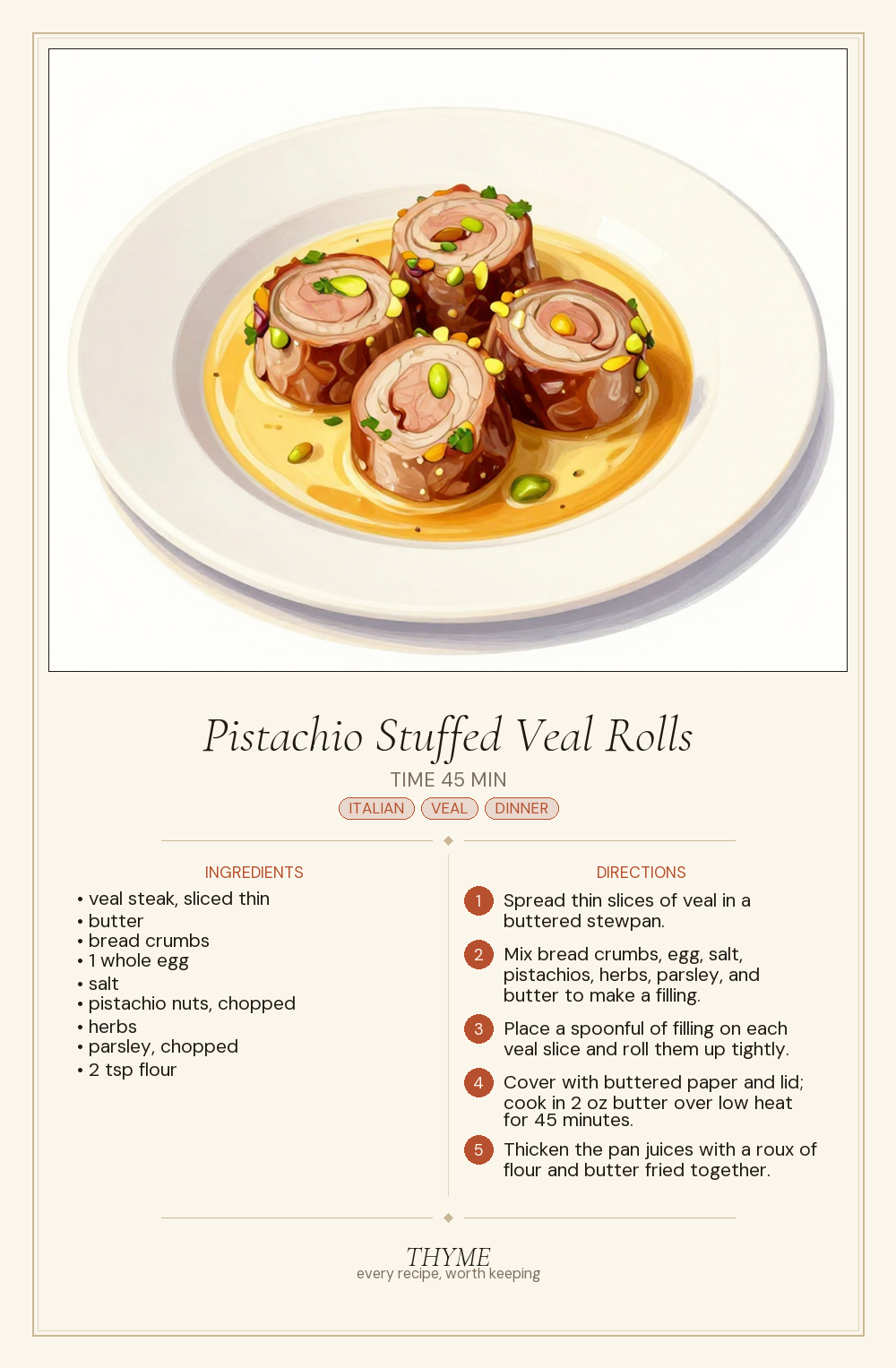 Pistachio Stuffed Veal Rolls