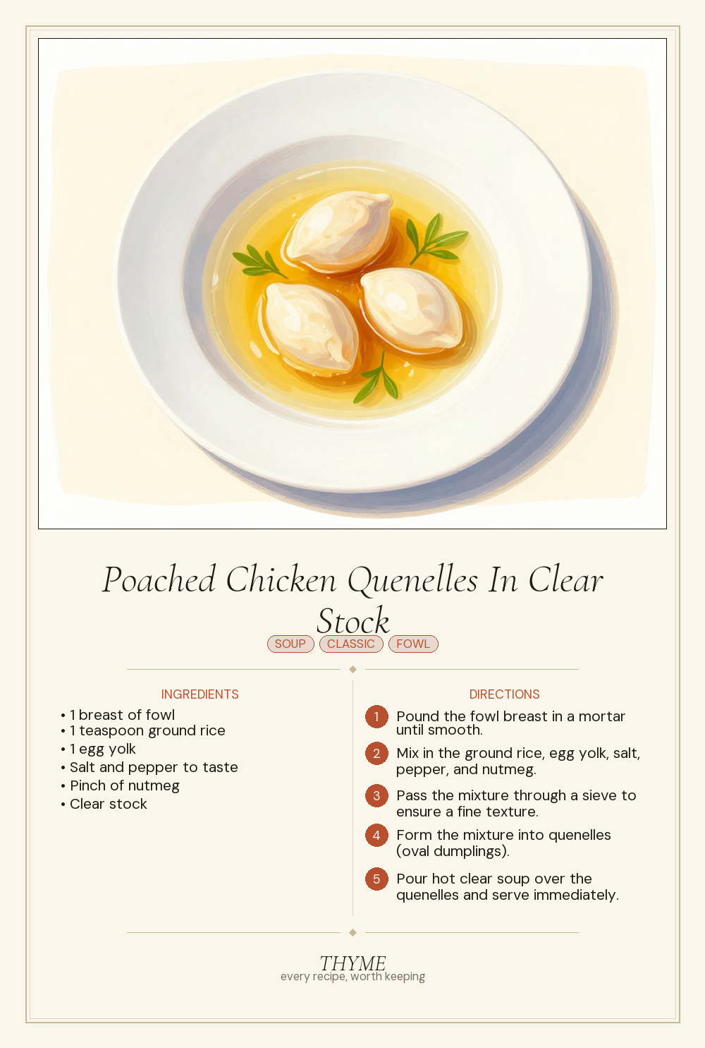 Poached Chicken Quenelles In Clear Stock