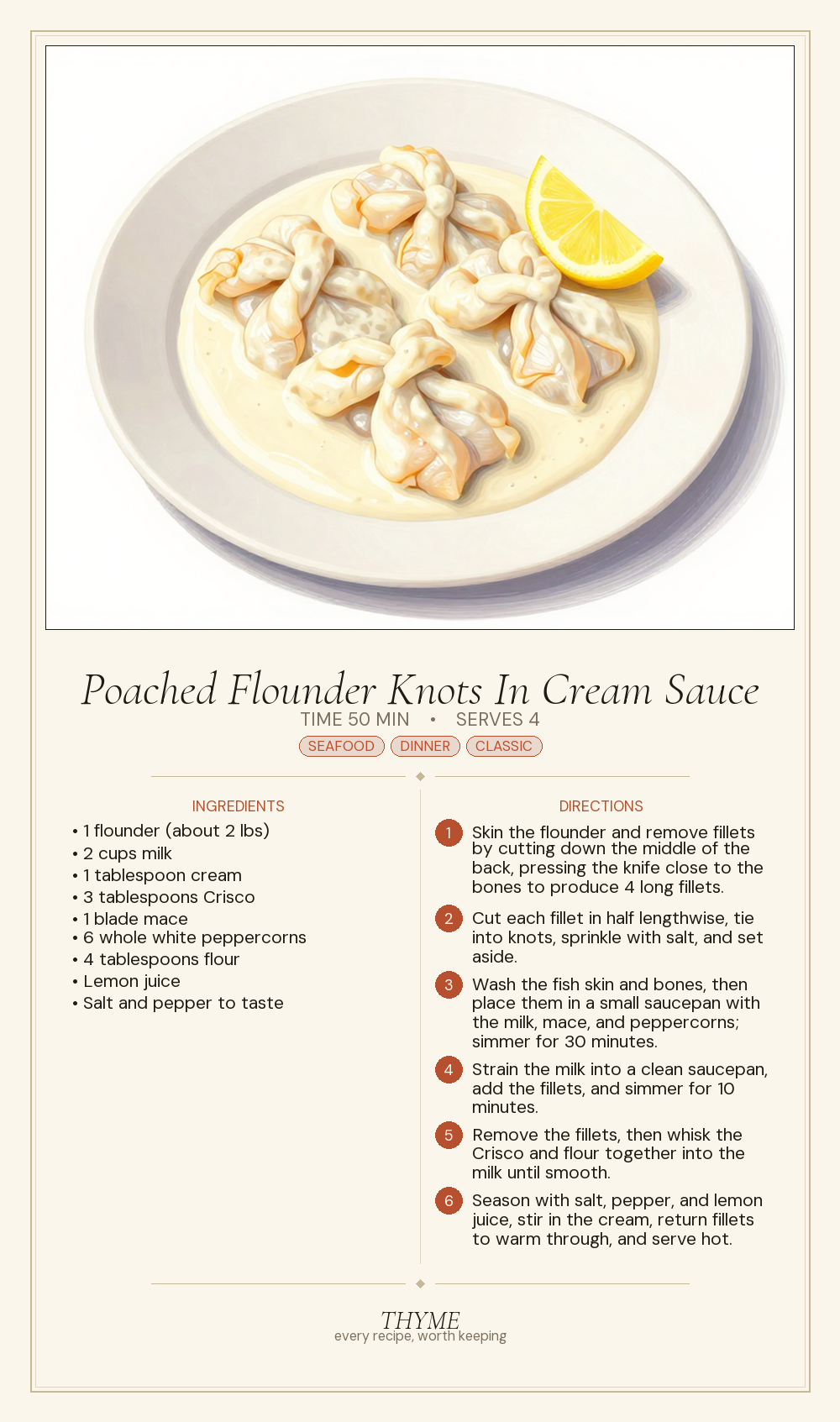Poached Flounder Knots In Cream Sauce