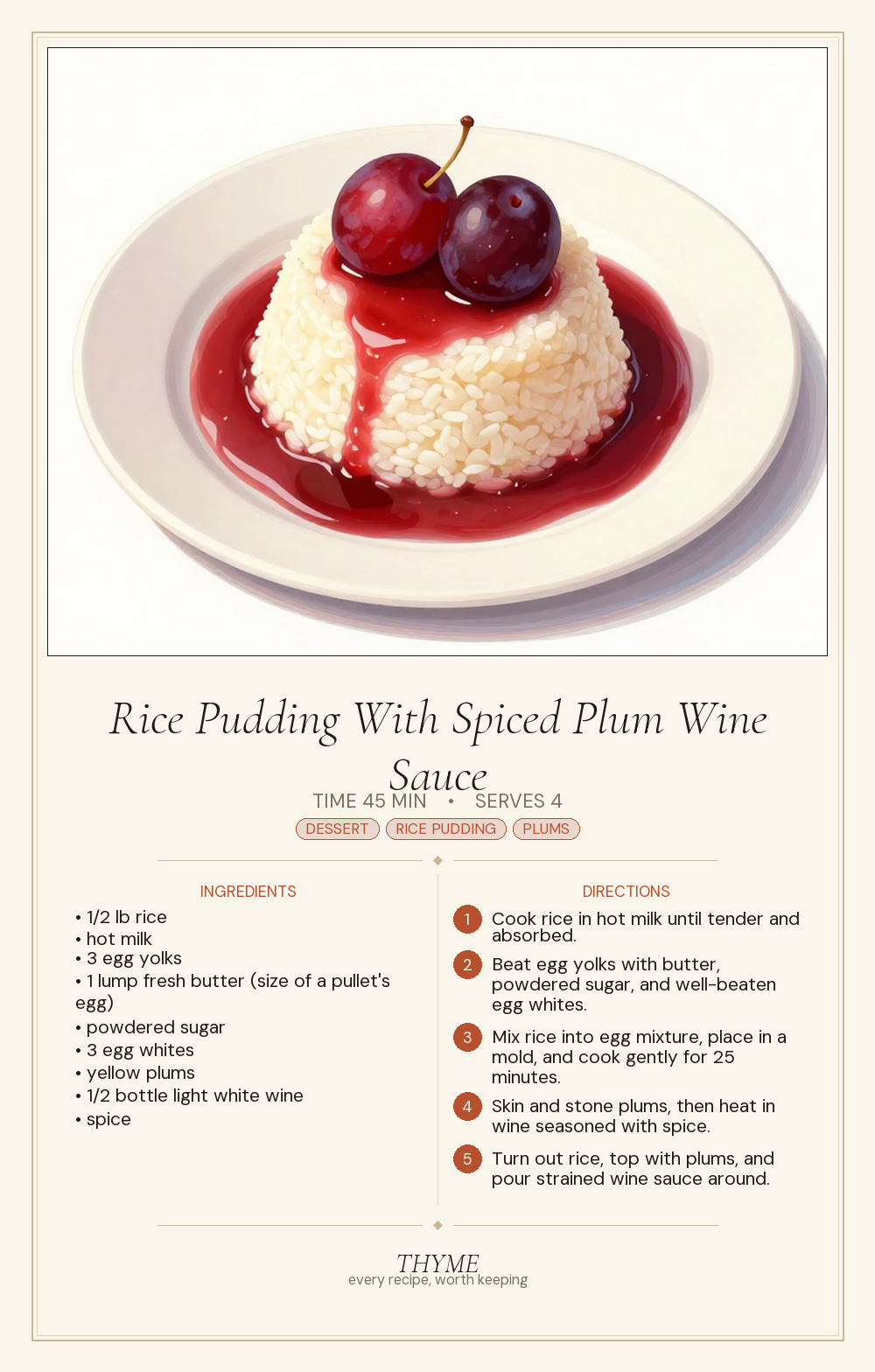 Rice Pudding With Spiced Plum Wine Sauce