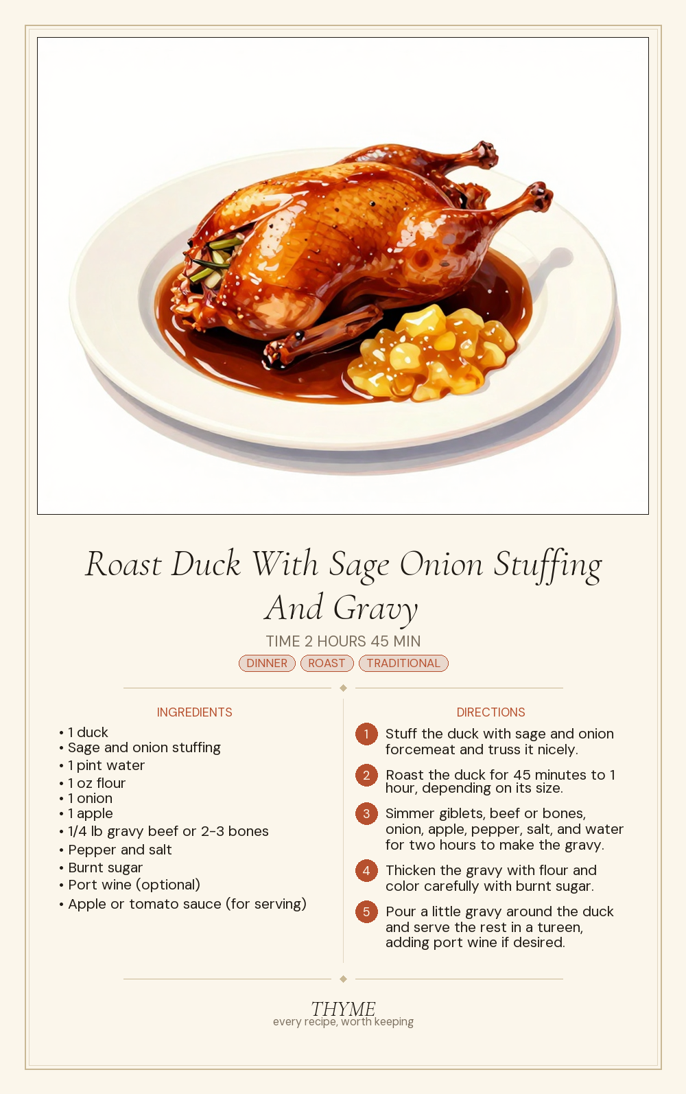 Roast Duck With Sage Onion Stuffing And Gravy
