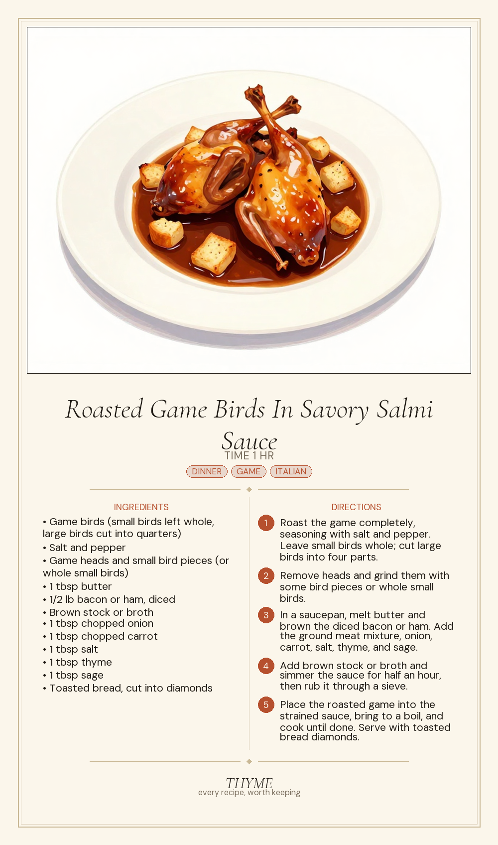 Roasted Game Birds In Savory Salmi Sauce