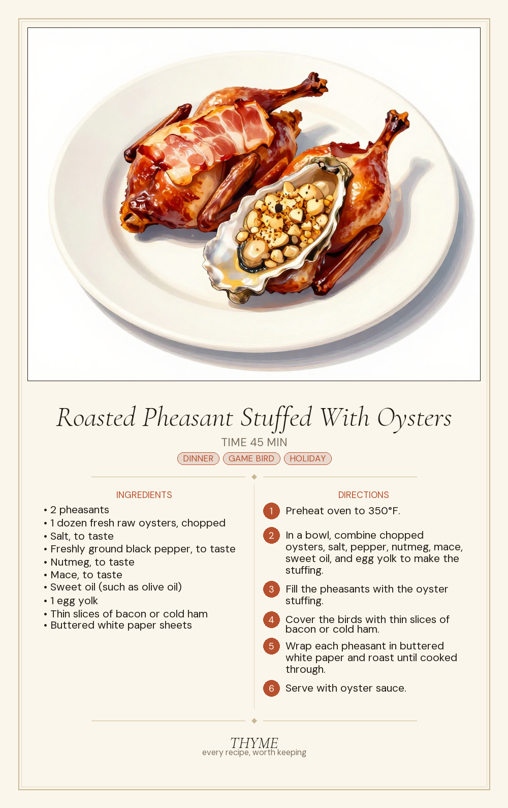 Roasted Pheasant Stuffed With Oysters