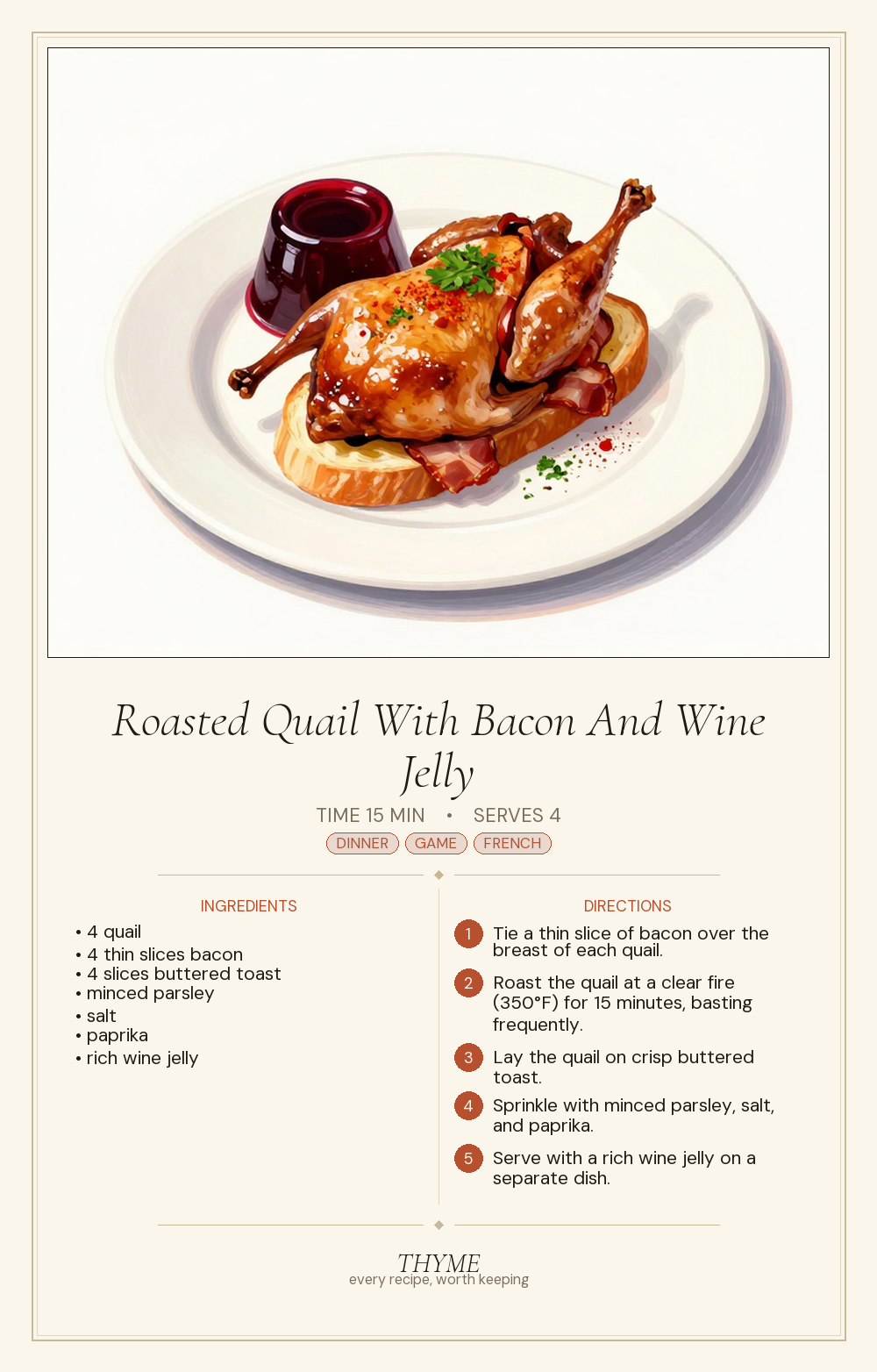 Roasted Quail With Bacon And Wine Jelly