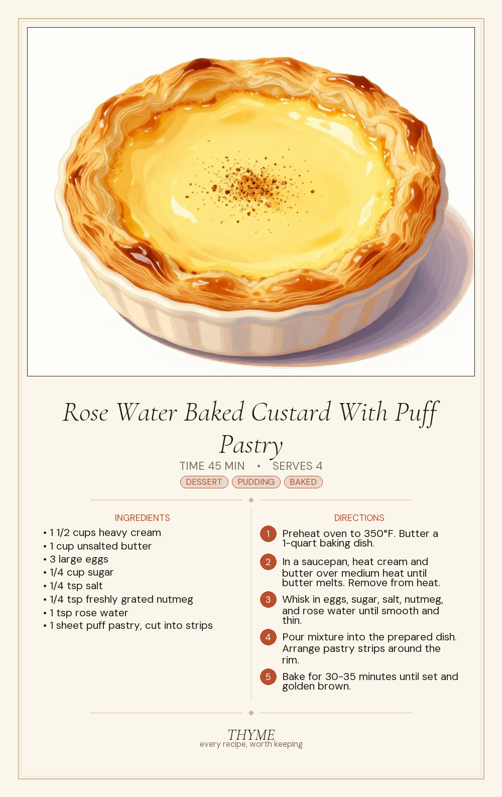 Rose Water Baked Custard With Puff Pastry
