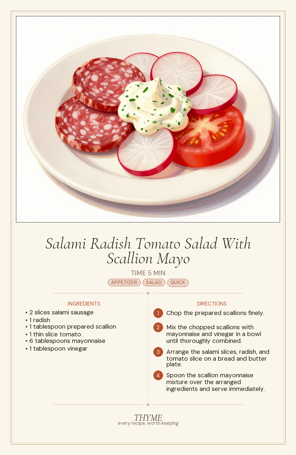Salami Radish Tomato Salad With Scallion Mayo