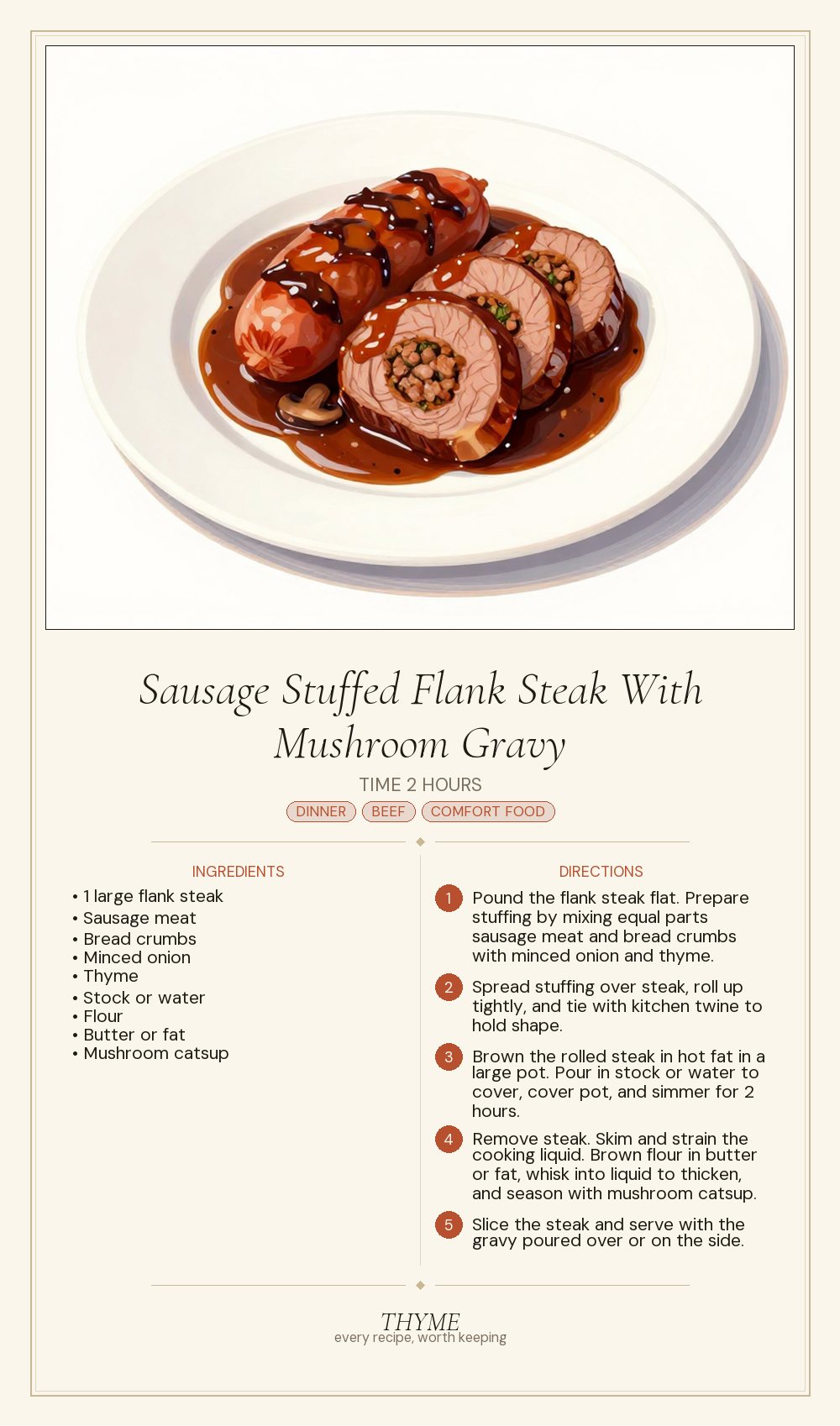 Sausage Stuffed Flank Steak With Mushroom Gravy