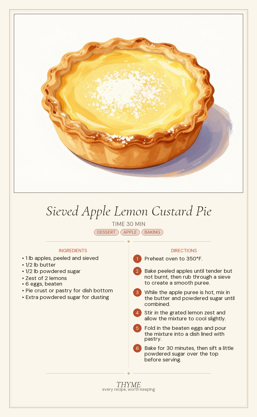 Sieved Apple Lemon Custard Pie