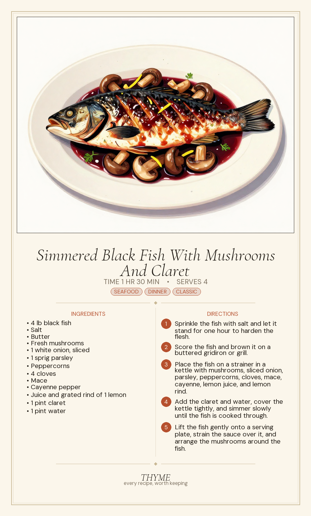 Simmered Black Fish With Mushrooms And Claret