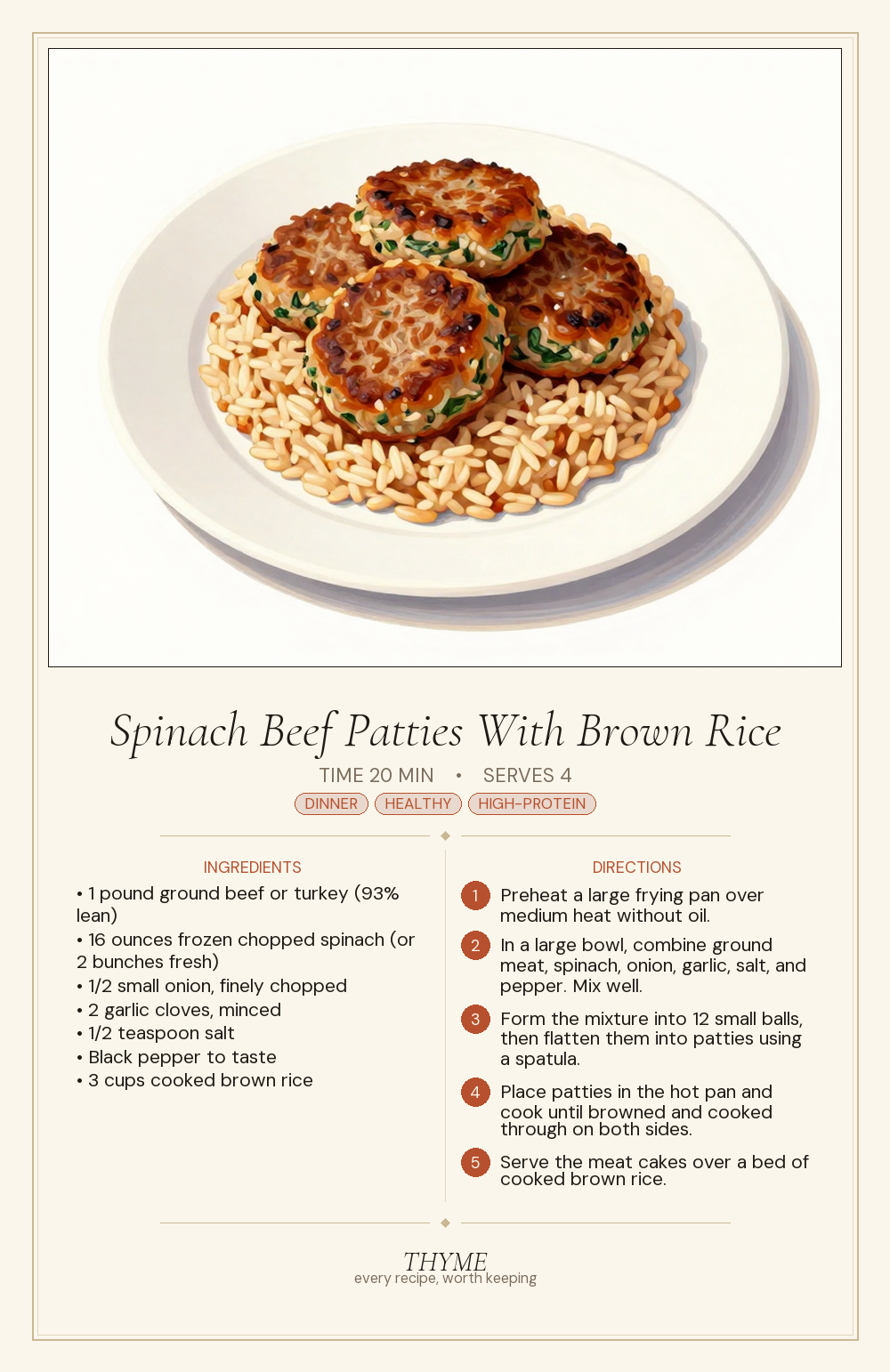 Spinach Beef Patties With Brown Rice