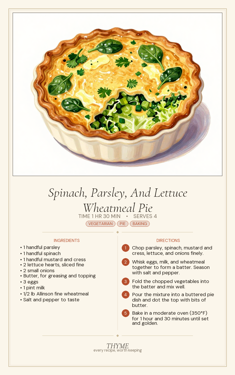 Spinach, Parsley, And Lettuce Wheatmeal Pie
