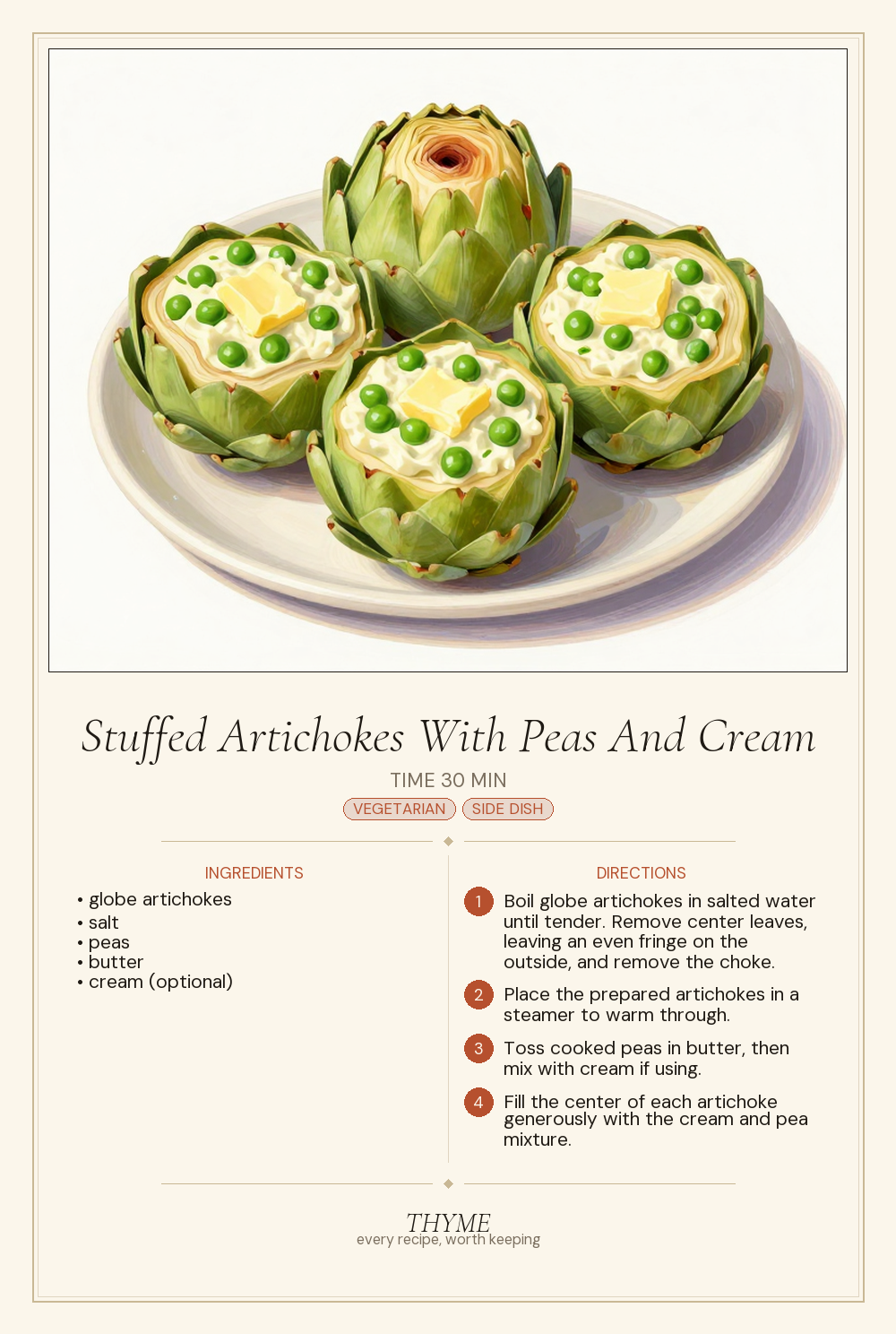 Stuffed Artichokes With Peas And Cream