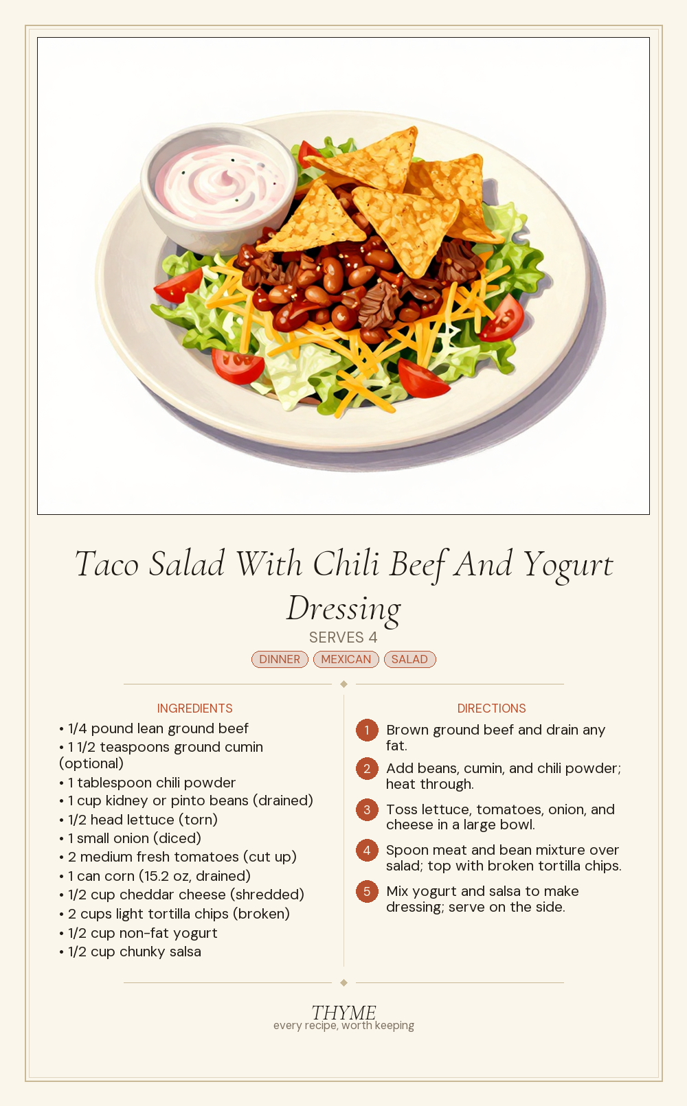 Taco Salad With Chili Beef And Yogurt Dressing