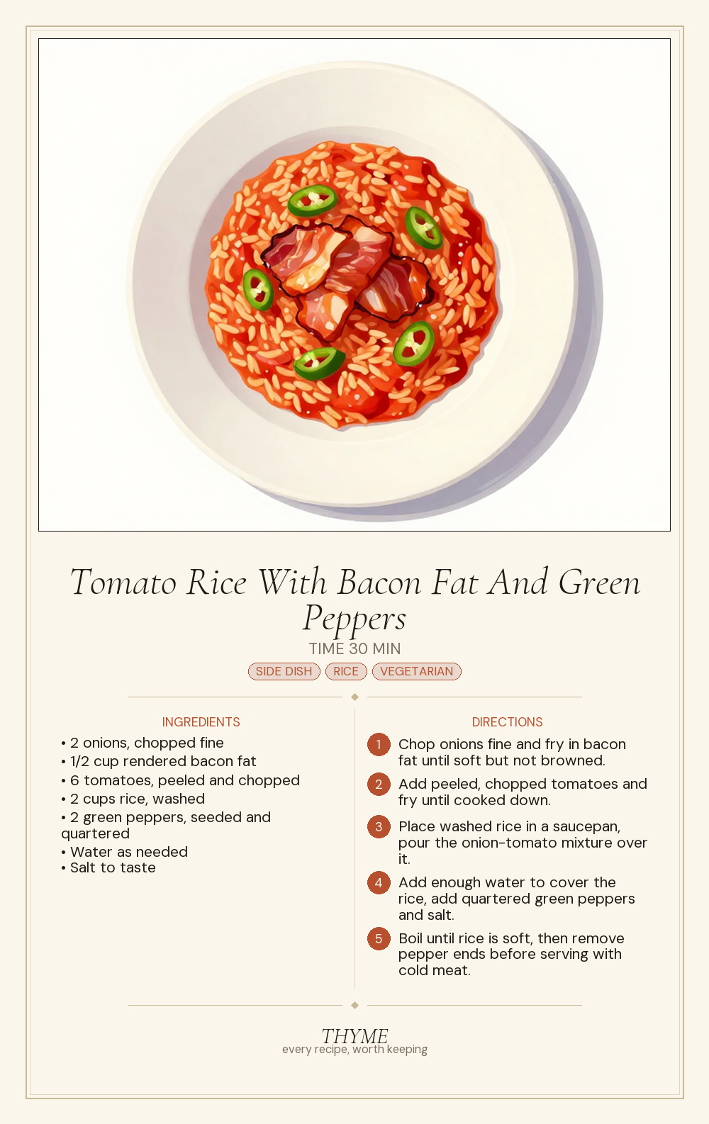 Tomato Rice With Bacon Fat And Green Peppers