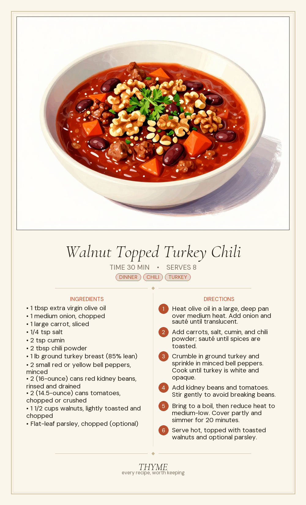 Walnut Topped Turkey Chili