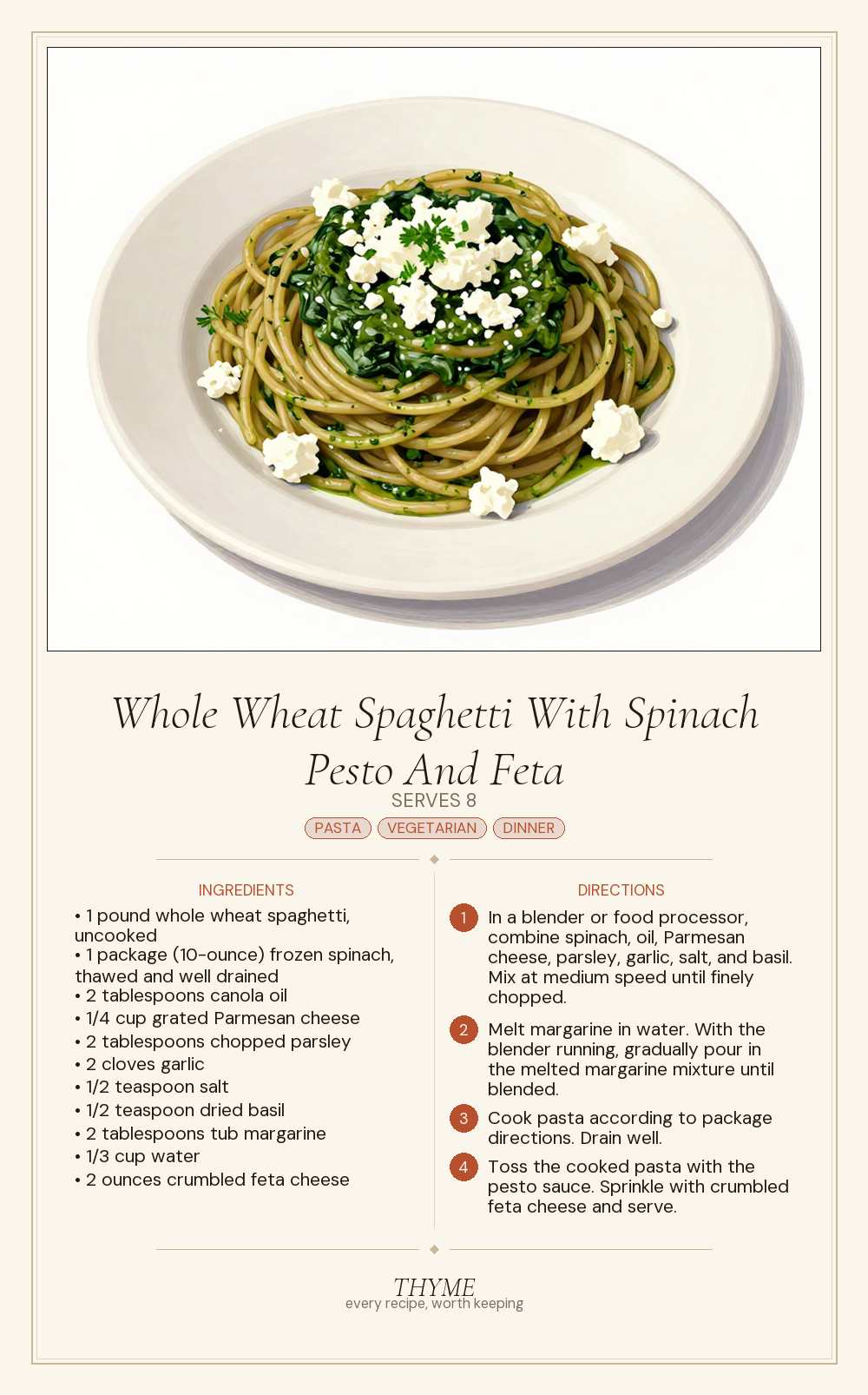 Whole Wheat Spaghetti With Spinach Pesto And Feta